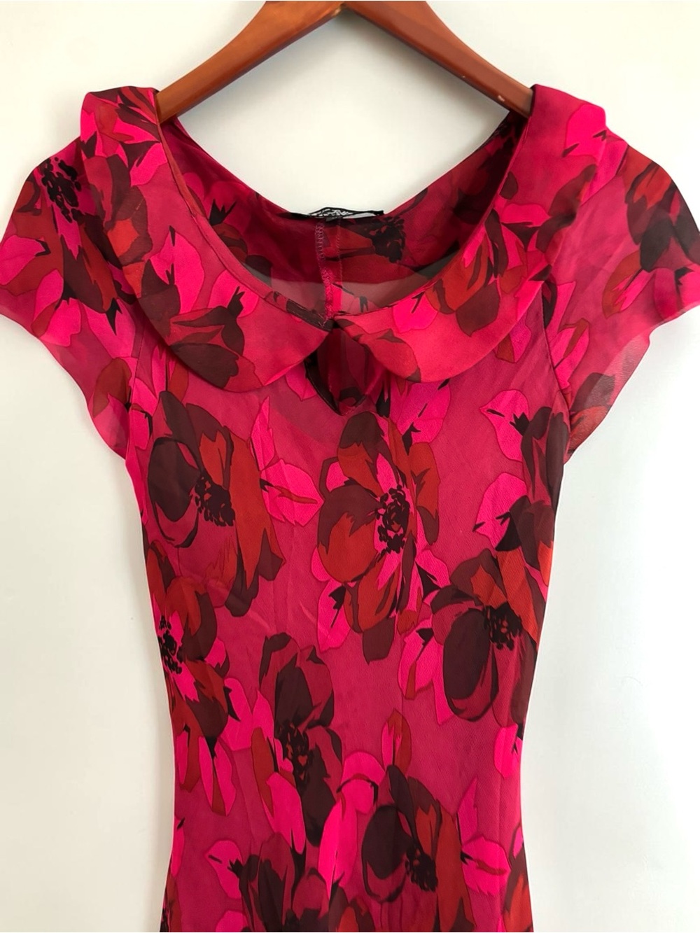 Vintage Betsey Johnson Dress Silk Floral Midi Red Black S/M - Picture 6 of 11